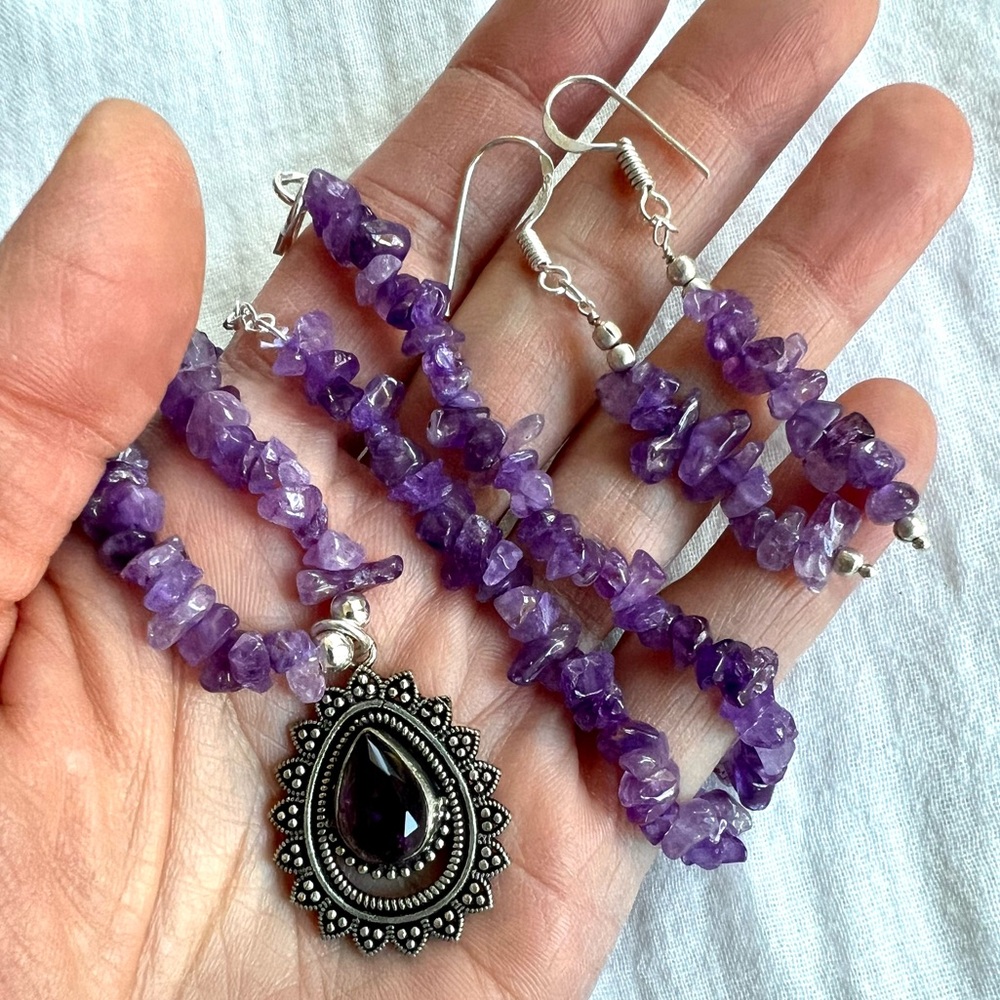 925 Crown Chakra Beaded Amethyst Necklace + Earrings Set